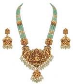 Antique gold-plated lakshmi temple Necklace :: set with green beads and jhumkas