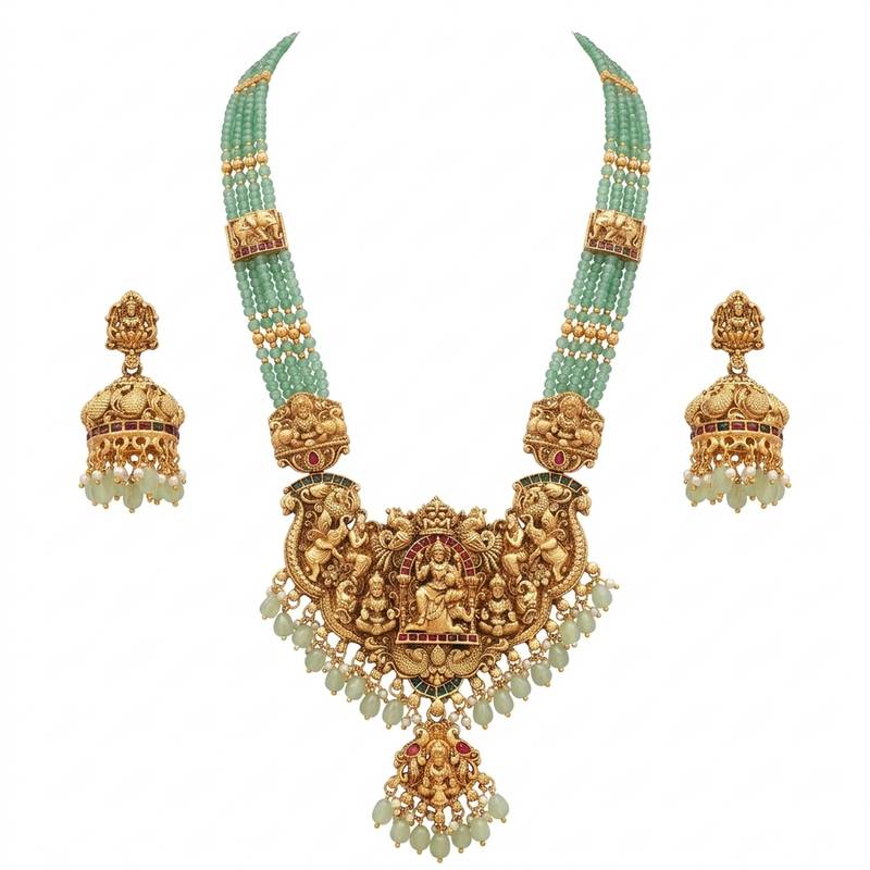 Antique gold-plated lakshmi temple Necklace :: set with green beads and jhumkas