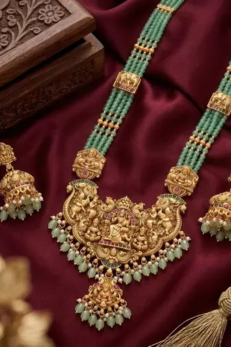 Antique gold-plated lakshmi temple Necklace :: set with green beads and jhumkas