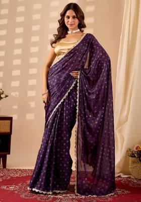 purple dots print georgette festive ethnic saree with blouse 1