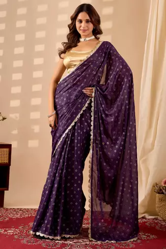purple dots print georgette festive ethnic saree with blouse