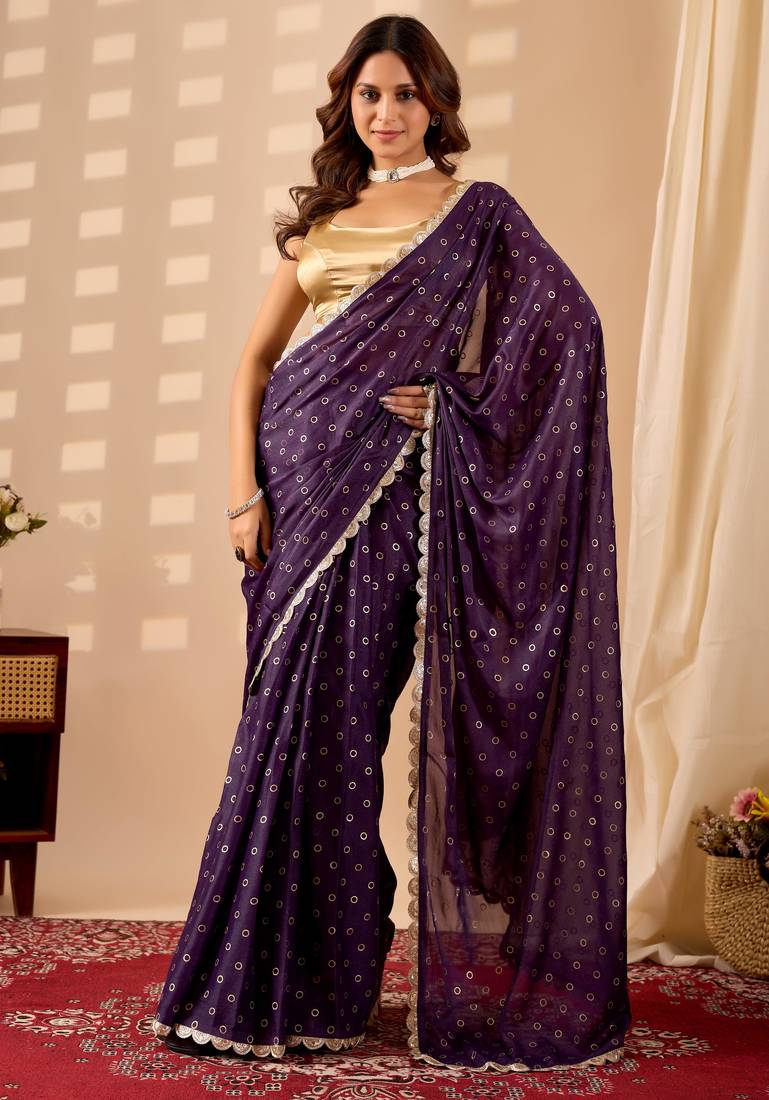 purple dots print georgette festive ethnic saree with blouse