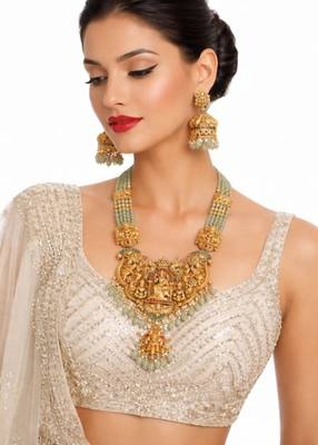 Antique gold-plated lakshmi temple Necklace :: set with green beads and jhumkas 3