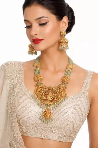 Antique gold-plated lakshmi temple Necklace :: set with green beads and jhumkas