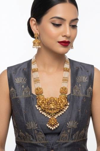 Antique gold-plated lakshmi temple Necklace :: set with green beads and jhumkas