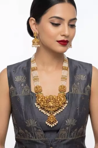 Antique gold-plated lakshmi temple Necklace :: set with green beads and jhumkas
