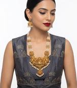 Antique gold-plated lakshmi temple Necklace :: set with green beads and jhumkas
