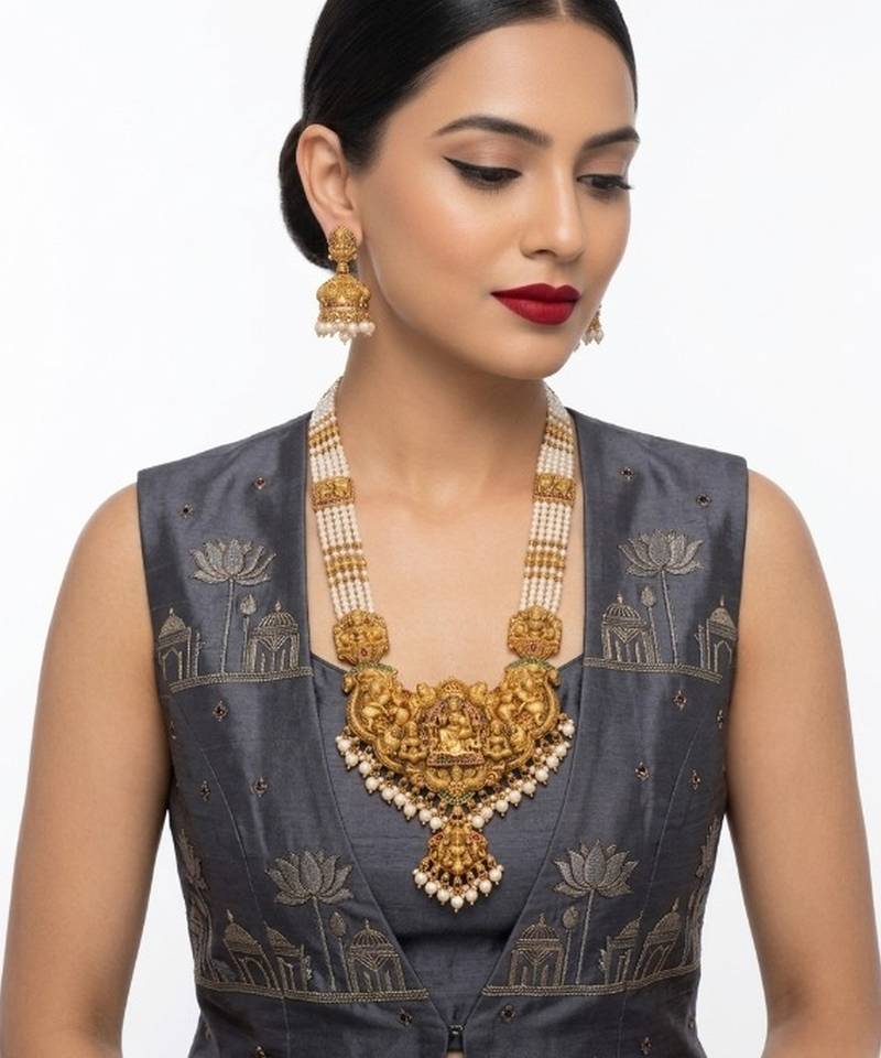 Antique gold-plated lakshmi temple Necklace :: set with green beads and jhumkas