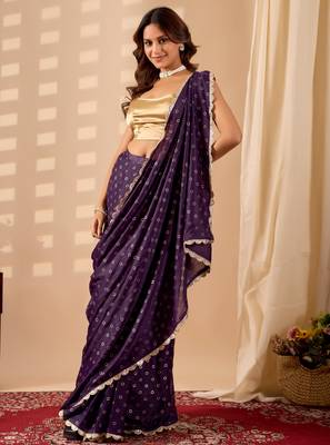 purple dots print georgette festive ethnic saree with blouse 3