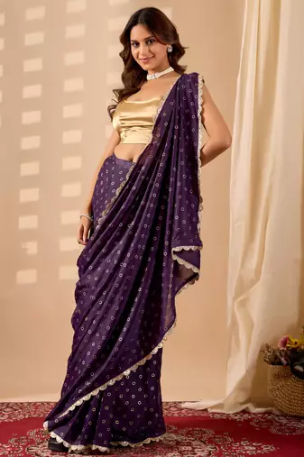 purple dots print georgette festive ethnic saree with blouse