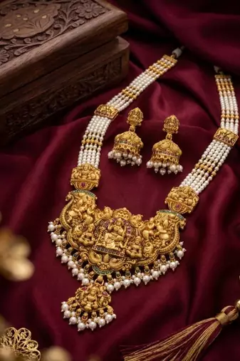 Antique gold-plated lakshmi temple Necklace :: set with green beads and jhumkas