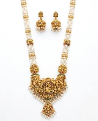 Antique gold-plated lakshmi temple Necklace :: set with green beads and jhumkas 4