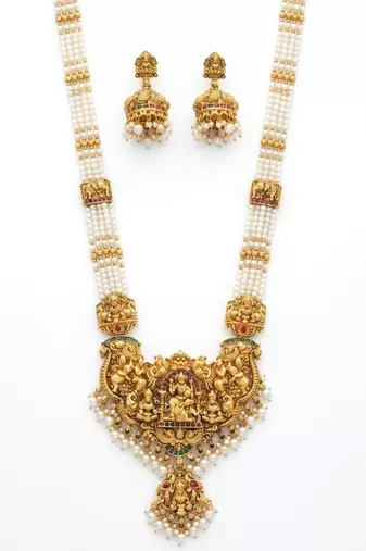Antique gold-plated lakshmi temple Necklace :: set with green beads and jhumkas