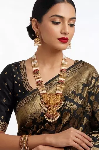 Exquisite temple jewelry: handcrafted gold-plated long pearl Necklace :: set with goddess pendant & jhumkas