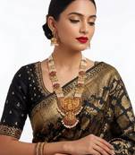 Exquisite temple jewelry: handcrafted gold-plated long pearl Necklace :: set with goddess pendant & jhumkas