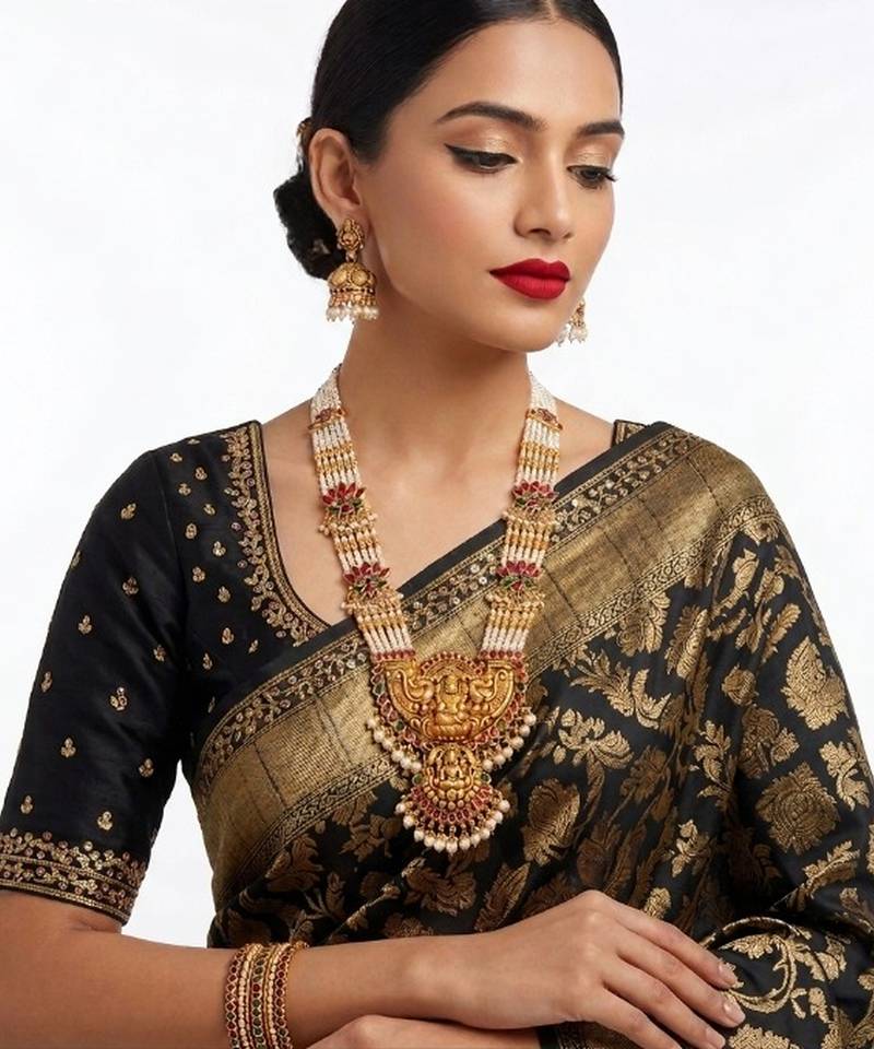 Exquisite temple jewelry: handcrafted gold-plated long pearl Necklace :: set with goddess pendant & jhumkas