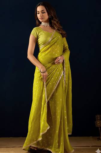 olive dots print georgette festive ethnic saree with blouse