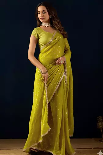 olive dots print georgette festive ethnic saree with blouse