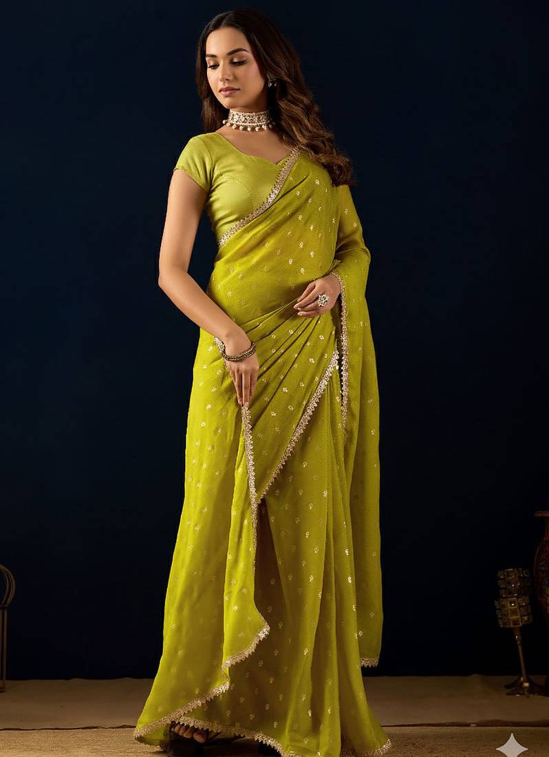 olive dots print georgette festive ethnic saree with blouse