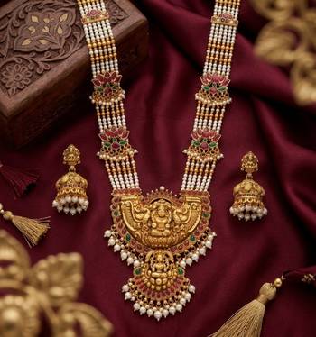 Exquisite temple jewelry: handcrafted gold-plated long pearl Necklace :: set with goddess pendant & jhumkas 2