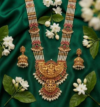 Exquisite temple jewelry: handcrafted gold-plated long pearl Necklace :: set with goddess pendant & jhumkas 3