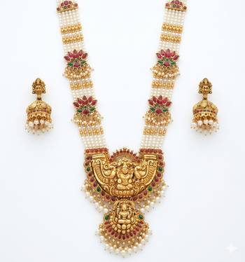 Exquisite temple jewelry: handcrafted gold-plated long pearl Necklace :: set with goddess pendant & jhumkas 4