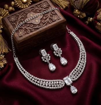 Stunning cz diamond american diamond Necklace :: set with drop earrings - bridal, wedding, party wear 1