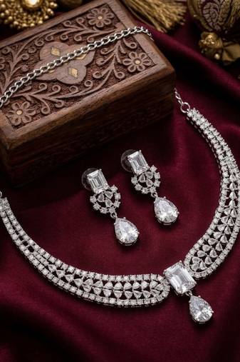Stunning cz diamond american diamond Necklace :: set with drop earrings - bridal, wedding, party wear