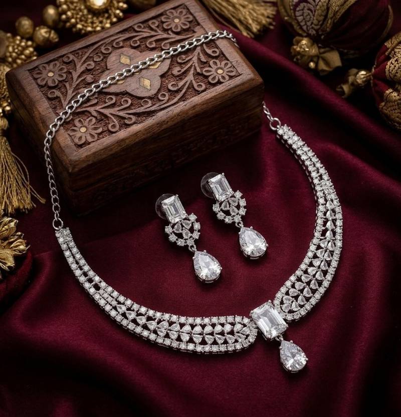 Stunning cz diamond american diamond Necklace :: set with drop earrings - bridal, wedding, party wear