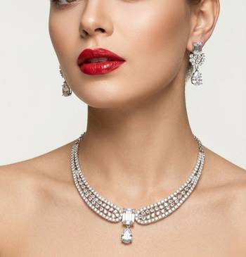 Stunning cz diamond american diamond Necklace :: set with drop earrings - bridal, wedding, party wear 2