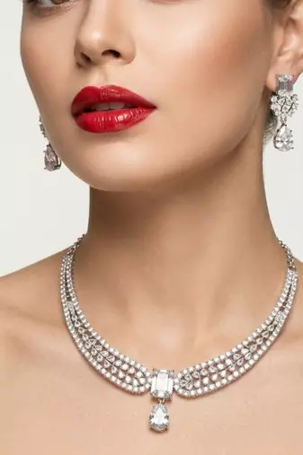 Stunning cz diamond american diamond Necklace :: set with drop earrings - bridal, wedding, party wear
