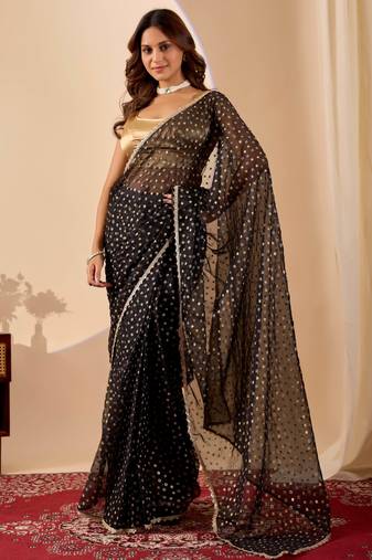 black dots print brasso festive ethnic saree with blouse