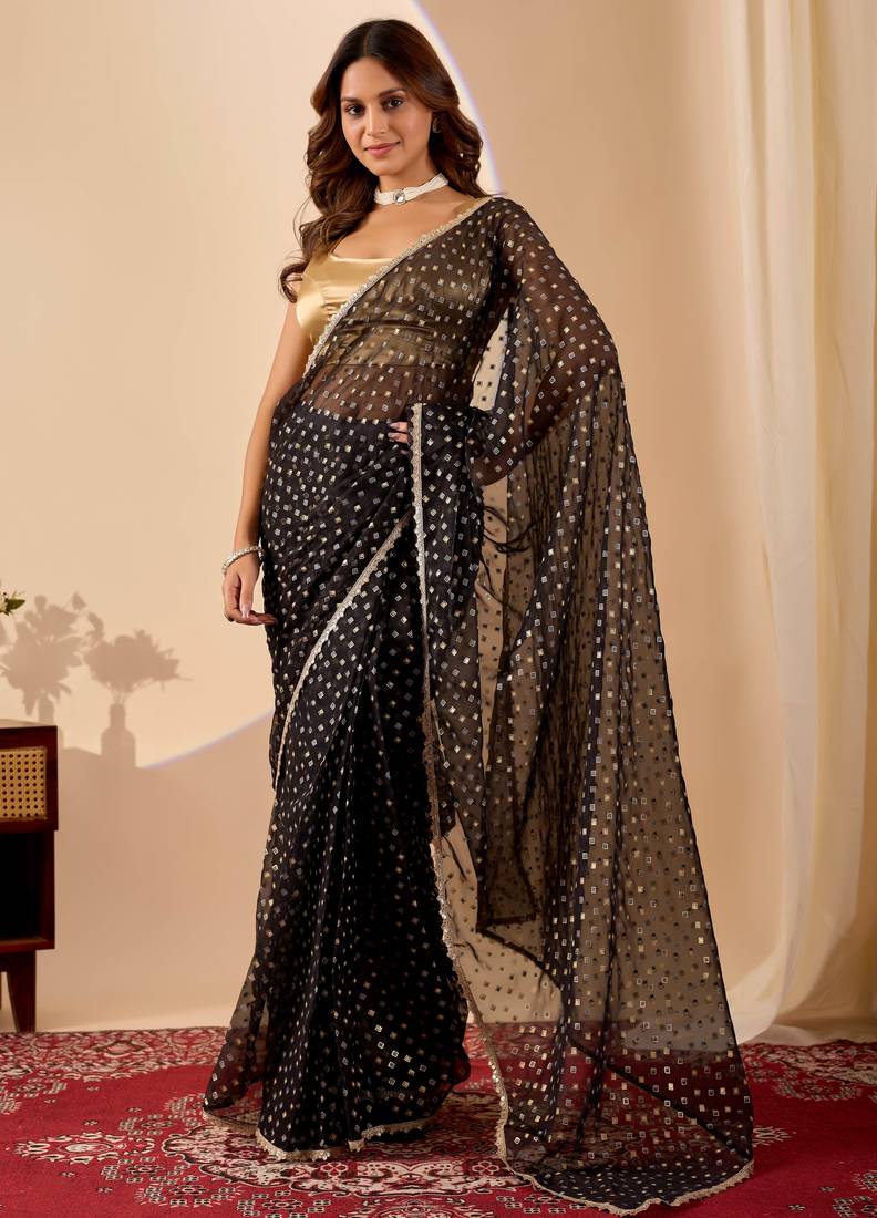 black dots print brasso festive ethnic saree with blouse