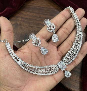 Stunning cz diamond american diamond Necklace :: set with drop earrings - bridal, wedding, party wear 3