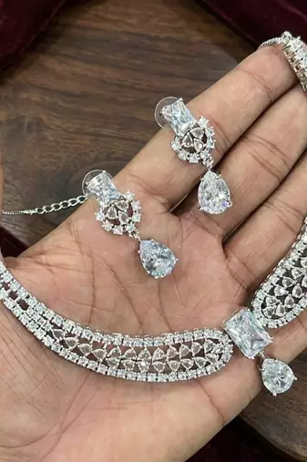 Stunning cz diamond american diamond Necklace :: set with drop earrings - bridal, wedding, party wear
