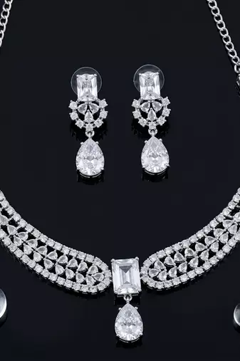 Stunning cz diamond american diamond Necklace :: set with drop earrings - bridal, wedding, party wear