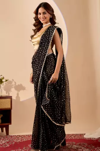black dots print brasso festive ethnic saree with blouse