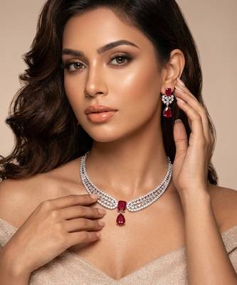 Stunning cz diamond american diamond Necklace :: set with drop earrings - bridal, wedding, party wear 1