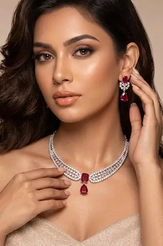 Stunning cz diamond american diamond Necklace :: set with drop earrings - bridal, wedding, party wear