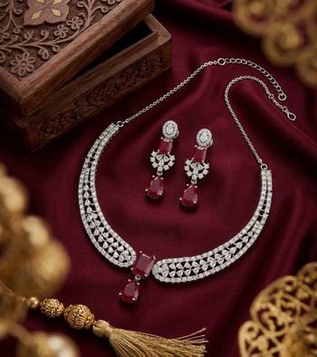 Stunning cz diamond american diamond Necklace :: set with drop earrings - bridal, wedding, party wear 2