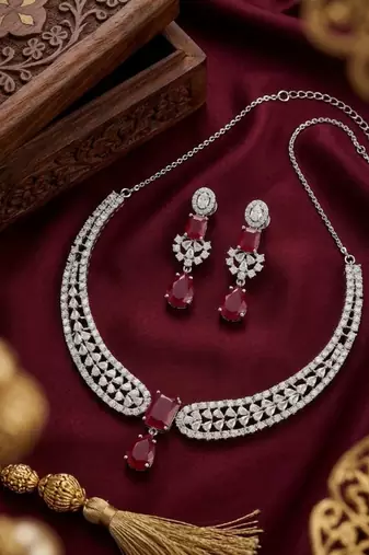 Stunning cz diamond american diamond Necklace :: set with drop earrings - bridal, wedding, party wear
