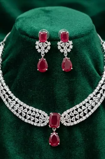 Stunning cz diamond american diamond Necklace :: set with drop earrings - bridal, wedding, party wear