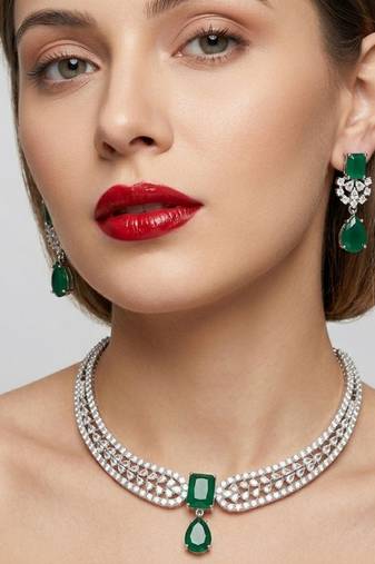 Stunning cz diamond american diamond Necklace :: set with drop earrings - bridal, wedding, party wear