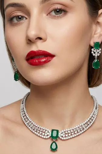 Stunning cz diamond american diamond Necklace :: set with drop earrings - bridal, wedding, party wear