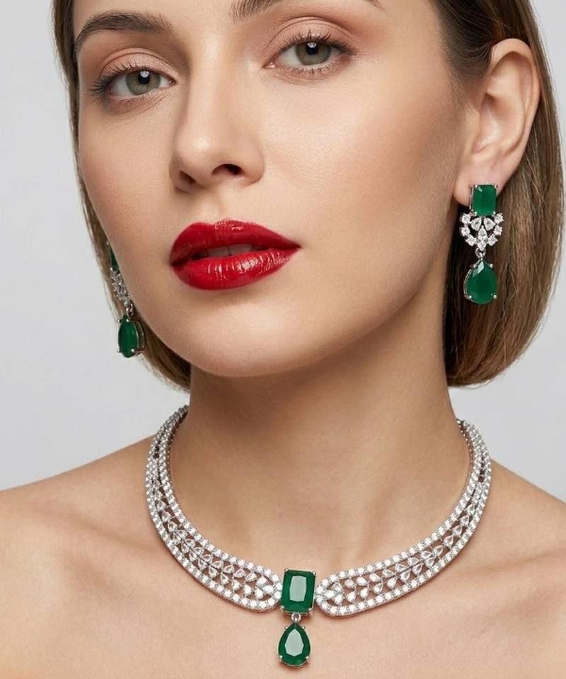 Stunning cz diamond american diamond Necklace :: set with drop earrings - bridal, wedding, party wear