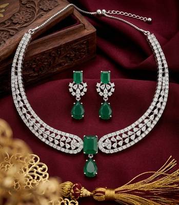 Stunning cz diamond american diamond Necklace :: set with drop earrings - bridal, wedding, party wear 2