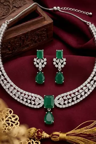 Stunning cz diamond american diamond Necklace :: set with drop earrings - bridal, wedding, party wear