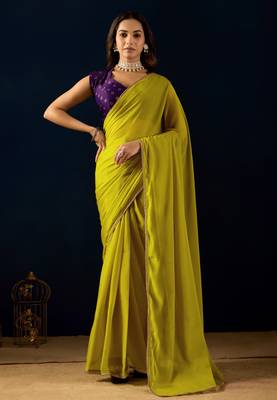 Olive ikat satin festive ethnic saree with boluse 1