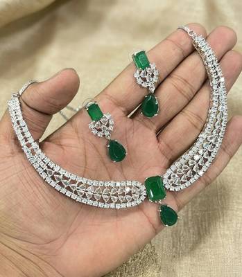 Stunning cz diamond american diamond Necklace :: set with drop earrings - bridal, wedding, party wear 3
