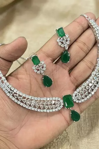 Stunning cz diamond american diamond Necklace :: set with drop earrings - bridal, wedding, party wear